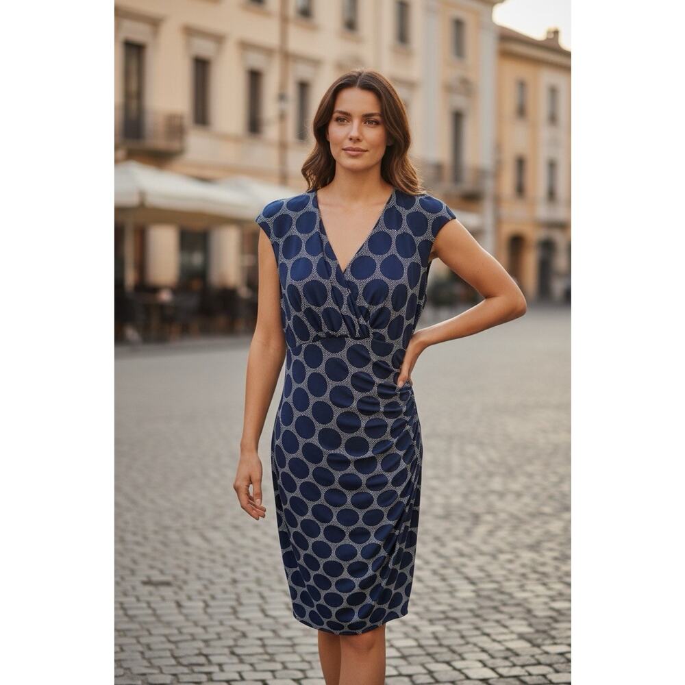Ralph Lauren Geo Print Jersey Dress Ruched Size 10 Navy White Professional - Picture 1 of 11